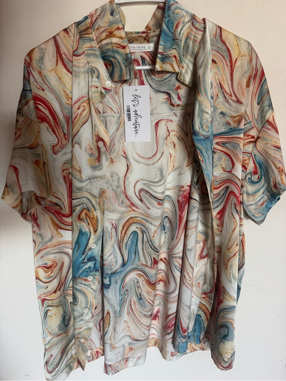 12th Tribe Marble-Print Short Sleeve Button-Down in Cream, Blue & Red